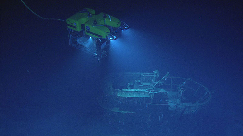 Tethered remotely operated vehicle Hercules examining the wreck of German submarine U-166 in the Gulf of Mexico.