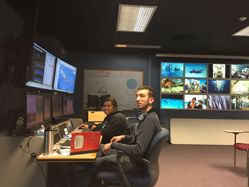 Explorers-in-Training Brandon O'Brien and Claudia Thompson participated in the Telepresence Mapping in American Samoa and the Cook Islands expedition from the Exploration Command Center at the University of New Hampshire's Center for Coastal and Ocean Mapping, guiding mapping operations from shore.