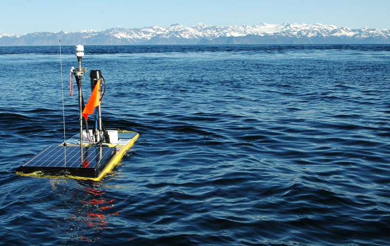 Wave Gliders use wave energy for propulsion and solar energy to recharge their electronic systems and sensors, enabling them to travel hundreds of miles and operate for up to a year. Each Wave Glider consists of a surface float connected to a subsea unit that controls speed and direction along a programmed or remotely piloted path. NOAA has used Wave Gliders to study humpback whales in Papahānaumokuākea Marine National Monument, melting glaciers in Alaska’s Prince William Sound, and environmental changes in the Arctic and to inform weather forecasting.