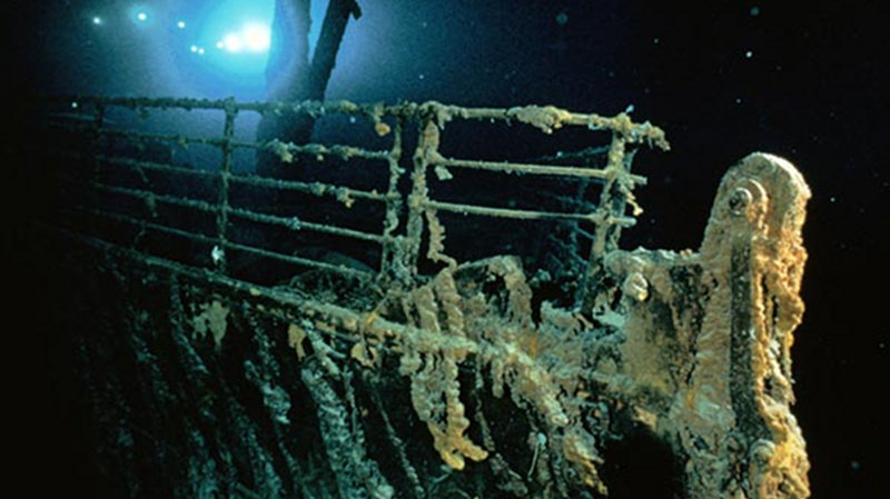 A view of the bow and railing of the R.M.S. Titanic.