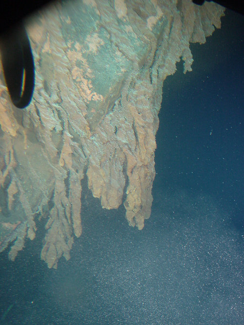 Rusticles growing down from the stern section of Titanic.
