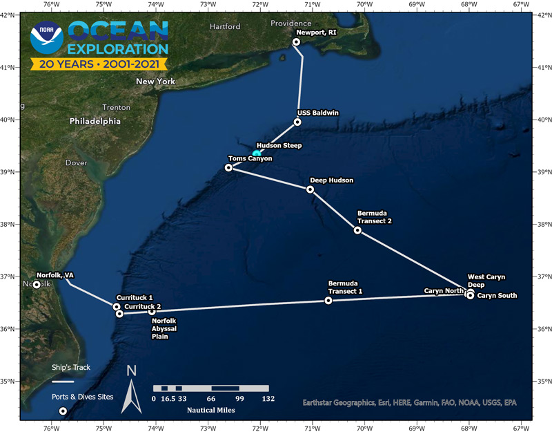 This map shows the general operating area and transects for NOAA Ocean Exploration’s 2021 ROV Shakedown expedition. This map shows the general operating area and transects for NOAA Ocean Exploration’s 2021 ROV Shakedown expedition.