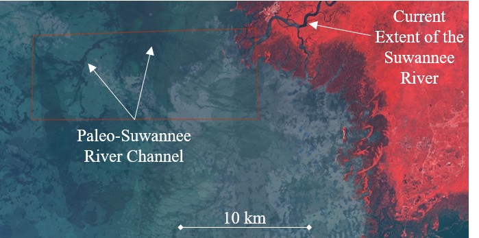 Map showing the location of the Paleo-Suwannee River channel relative to the current extent of the Suwannee River off the Gulf Coast of Florida. Map showing the location of the Paleo-Suwannee River channel relative to the current extent of the Suwannee River off the Gulf Coast of Florida.