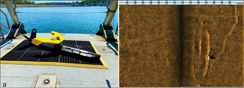 Figure 1: The Klein System 4000 Side scan sonar (a) and an example of a sonogram depicting a shipwreck (b). Klein – A MIND Technology Business’ System 4000 is built to meet the demanding requirements for long range, deep-water operations and optimized shallow water performance. Figure 1: The Klein System 4000 Side scan sonar (a) and an example of a sonogram depicting a shipwreck (b). Klein – A MIND Technology Business’ System 4000 is built to meet the demanding requirements for long range, deep-water operations and optimized shallow water performance.