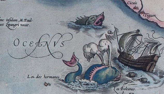 This mid-16th century atlas contained many maps full of sea monsters and ships in distress.