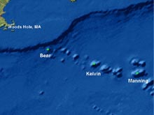 Map showing the locations of Bear, Kelvin and Manning seamounts