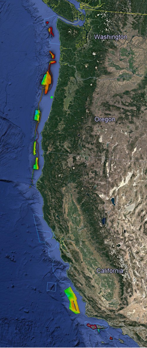 EXPRESS 2018 Overview: Google Earth image of the west coast of the United States. Image shows the outline of the five west coast National Marine Sanctuaries and a compilation of the multibeam data collected as part of EXPRESS in 2017 and 2018. These data are informing 2019 Lasker expedition plans.