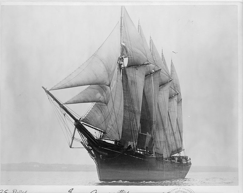 Governor Ames was the first five-masted schooner on the eastern seaboard, built in 1888. It has an interesting career that took it to the Atlantic, Gulf of Mexico, and even the Pacific, until it sank on December 13, 1909.