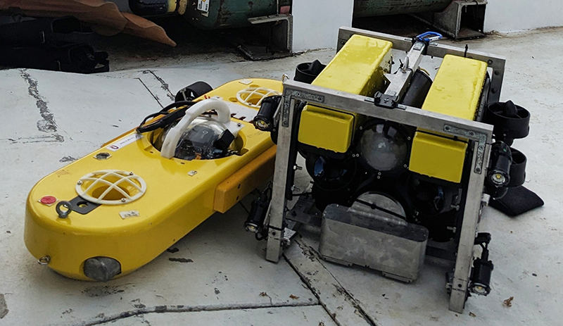 Low-cost underwater robots for deepwater exploration: DROPSphere autonomous underwater vehicle (left) and Bruce hybrid remotely operated vehicle/autonomous underwater vehicle (right).