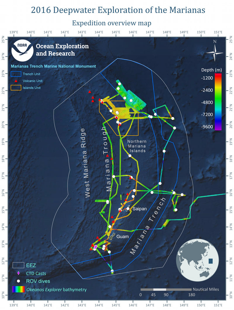 Overview map showing seafloor bathymetry, remotely operated vehicle dives, and CTD casts conducted during the expedition.