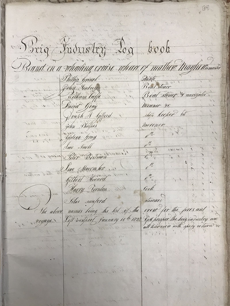 The 1828 logbook for the brig Industry lists Paul Cuffe’s son William Cuffe as a navigator.