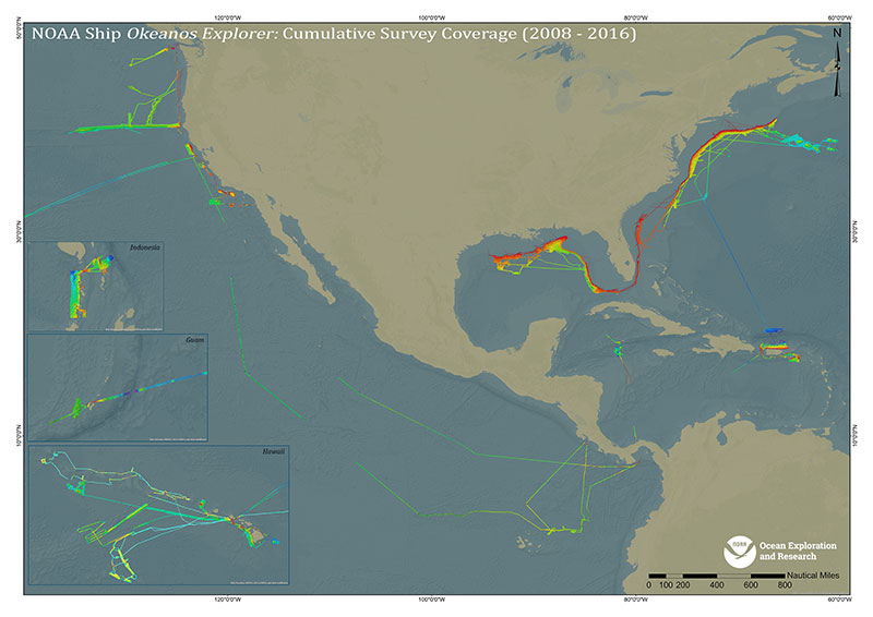 Map showing Okeanos Explorer cumulative multibeam survey coverage from 2008 through January 2016.